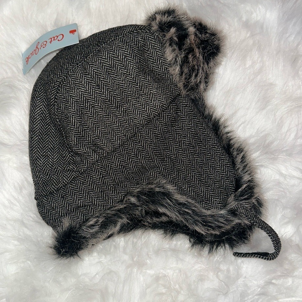 Cat & Jack Gray Herringbone Trapper Hat Faux Fur Ear Flaps OSFM GNFB1953TG